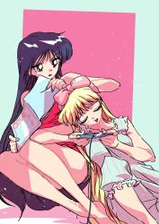 2girls aino_minako bikini bishoujo_senshi_sailor_moon black_hair blonde_hair book closed_eyes controller hair_ribbon highres hino_rei legs long_hair long_legs magazine_(object) multiple_girls murimajimuri open_mouth pajamas pink_ribbon purple_hair red_bikini ribbon sleeping sleeping_on_person sleeveless snoring swimsuit thighs very_long_hair