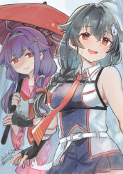 Rule 34 | 2girls, black gloves, black hair, black skirt, blush, breasts, collared shirt, cosplay, dated, fingerless gloves, gloves, hair between eyes, hair flaps, highres, holding, holding umbrella, japanese clothes, jingei (kancolle), kantai collection, kirisawa juuzou, long hair, multiple girls, neckerchief, necktie, oil-paper umbrella, open mouth, purple hair, red eyes, red hair, red neckerchief, red necktie, ryuuhou (kancolle), ryuuhou kai ni (kancolle), shigure (kancolle), shigure (kancolle) (cosplay), shigure kai san (kancolle), shigure kai san (kancolle) (cosplay), shirt, signature, skirt, sleeveless, sleeveless shirt, smile, sweat, taigei (kancolle), umbrella, wide sleeves