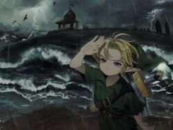 1boy belt bird blonde_hair blue_eyes cloud cloudy_sky collared_tunic curtained_hair green_hat green_tunic hat kokiri_sword ktmr_mgmg lightning link looking_up nintendo ocean phrygian_cap pointy_ears rain scenery seagull sheath sheathed shoulder_belt sky storm sword the_legend_of_zelda the_legend_of_zelda:_majora&#039;s_mask tunic water_drop waves weapon