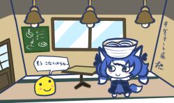 1girl animal_ears blue_hair dire_wolf_(kemono_friends) extra_ears food futo_utsu grey_eyes jacket kemono_friends kemono_friends_v_project long_hair marutchi noodles parody ribbon tail tamagotchi translation_request twintails udon virtual_youtuber wolf_ears wolf_girl wolf_tail