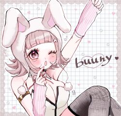 Rule 34 | 1girl, ;o, animal ears, animal hood, arm up, armlet, black leotard, blush, breasts, cleavage, danganronpa (series), danganronpa 2: goodbye despair, fake animal ears, fishnet thighhighs, fishnets, highres, hood, jewelry, large breasts, leotard, medium hair, mole, mole on breast, nanami chiaki, neck ribbon, one eye closed, pink eyes, pink ribbon, playboy bunny, rabbit hood, ribbon, tears, thighhighs, white background, white leotard, yuyu (yuuyudayo1211)