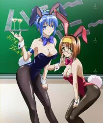 2girls animal_ears armlet blue_bow blue_bowtie blue_eyes blue_hair blue_leotard bow bowtie breasts chalkboard classroom cleavage cocktail_glass cup detached_collar drink drinking_glass fake_animal_ears fake_tail female_focus genderswap genderswap_(mtf) green_eyes hairband highleg highleg_leotard holding holding_drink holding_tray japanese_text jewelry kampfer large_breasts leotard matching_hair/eyes mishima_akane multiple_girls orange_hair pantyhose playboy_bunny rabbit_ears rabbit_tail red_bow red_bowtie red_leotard screencap senou_natsuru standing strapless strapless_leotard tail tray wrist_cuffs