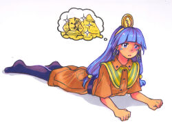 1girl belt black_belt black_thighhighs blue_eyes blue_hair brown_shirt brown_shorts earrings expressionless facial_mark full_body gold gold_hairband hair_bobbles hair_ornament hairband highres hoop_earrings imagining jewelry long_hair lying michigami_nareko on_stomach pinkcultgirl pyramid_(structure) shirt short_sleeves shorts simple_background solo sparkle speech_bubble sphinx thighhighs thought_bubble touhou triangle triangle_facial_mark usekh_collar white_background