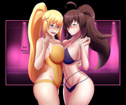 2girls arm_around_waist artist_name ass bikini blonde_hair blue_eyes blush breast_press breasts brown_hair covered_navel darkness_(konosuba) from_side hair_over_one_eye highres hug kono_subarashii_sekai_ni_shukufuku_wo! large_breasts legs looking_at_viewer multiple_girls navel one-piece_swimsuit open_mouth parted_lips ponytail purple_bikini sideboob smile sol_matoi swimsuit symmetrical_docking teeth thick_thighs thighs tongue wiz_(konosuba) yellow_eyes
