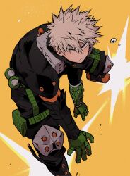 1boy bakugou_katsuki belt black_boots black_pants black_shirt blonde_hair boku_no_hero_academia boots chiyaya closed_mouth explosion explosive frown gloves grenade highres male_focus pants pouch red_eyes shirt short_hair solo spiked_hair superhero_costume thigh_pouch uneven_eyes yellow_background