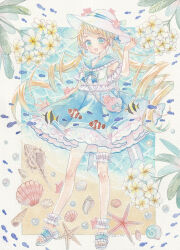 1girl absurdres amu_(m_aa) ankle_garter bag beach beads blonde_hair blue_bow blue_ribbon blue_sailor_collar blue_skirt bow clownfish commentary dated fish flower frilled_thigh_strap full_body green_eyes hair_bow hand_on_headwear hat hat_ribbon highres long_hair moorish_idol open_mouth original outdoors painting_(medium) ribbon sailor_collar sailor_shirt sandals seashell shell shell_bag shirt shoulder_bag signature skirt sleeveless sleeveless_shirt smile solo thigh_strap traditional_media twintails umbrella_octopus very_long_hair watercolor_(medium) white_flower white_hat white_sandals white_shirt