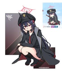 1girl absurdres black_boots black_hair black_hat black_horns black_skirt blue_archive boots chiaki_(blue_archive) curved_horns demon_girl demon_horns gehenna_academy_logo halo hat highres horns long_hair long_sleeves looking_at_viewer miniskirt necktie peaked_cap pleated_skirt red_eyes red_halo red_necktie reference_inset skirt solo squatting very_long_hair xandier59
