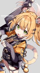 1girl :d animal_ears black_gloves blonde_hair fang fingerless_gloves gloves grey_background grey_shirt highres ju_fufu long_hair looking_at_viewer multicolored_hair open_mouth shigatsu_shizuki shirt simple_background skin_fang smile solo tiger_ears tiger_girl twitter_username two-tone_hair white_hair zenless_zone_zero