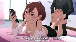 1boy 1girl archnoodle ayase_momo barefoot black_pants black_shirt black_shorts blurry blurry_background blush breasts brown_eyes brown_hair cellphone censored cleavage closed_mouth crossed_ankles crossed_bangs curtains dandadan erection feet feet_up foot_pussy footjob full_body hair_between_eyes hetero highres holding holding_phone indoors large_breasts long_sleeves lying mosaic_censoring off-shoulder_shirt off_shoulder on_bed on_stomach pants penis phone school_uniform shadow shirt short_shorts shorts smartphone soles spread_toes takakura_ken_(dandadan) the_pose toes two-footed_footjob variant_set window