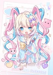 1girl :d aegyo_sal blonde_hair blue_eyes blue_hair blue_serafuku bow cat chest_belt chouzetsusaikawa_tenshi-chan colored_tips cursor doodle_inset english_text fake_photograph ghost hair_bow half-closed_eye heart highres index_finger_raised looking_at_viewer multicolored_hair multiple_hair_bows needy_girl_overdose open_mouth outside_border pastel_colors pink_hair quad_tails school_uniform serafuku smile solo sparkling_eyes yukomeow