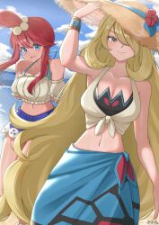 2girls bikini blonde_hair blue_eyes blue_sarong blue_shorts breasts brown_hat closed_mouth collarbone crop_top cynthia_(pokemon) cynthia_(summer_2025)_(pokemon) flower grey_eyes hair_ornament hair_over_one_eye hat hat_flower highres long_hair looking_at_viewer midriff mochitaro_(mothitaroo) multiple_girls navel nintendo official_alternate_costume one_side_up open_mouth outdoors pokemon pokemon_masters_ex red_hair sarong shirt shorts sidelocks skyla_(pokemon) skyla_(summer_2025)_(pokemon) smile sun_hat swimsuit tied_shirt very_long_hair