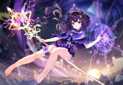 1girl absurdres barefoot bow chinese_commentary commentary_request commission dice dice_earrings earrings floating full_body hair_between_eyes heart heart_in_eye heart_o-ring highres holding holding_staff jewelry long_hair looking_at_viewer mo_nv_zhi_wen_nai_bai_he_zhi_wei o-ring o-ring_thigh_strap parted_lips pink_tiara purple_bow purple_eyes purple_hair second-party_source solo staff star_(symbol) symbol_in_eye teeth_bro thigh_strap very_long_hair
