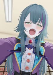 1girl bat_(animal) belt black_belt blush buttons coat commentary eyelashes fangs gakuen_idolmaster gem green_eyes green_hair highres idolmaster imminent_bite looking_at_viewer multicolored_hair open_mouth purple_coat red_gemstone sequins solo tsukimura_temari two-tone_hair vampire vampire_costume wolf_cut yuzuki3280