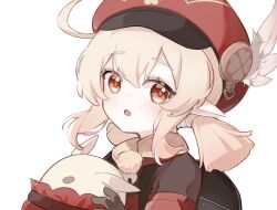 1girl :o ahoge akagi_(akagi1924) blonde_hair blush commentary genshin_impact gloves hair_between_eyes hashtag-only_commentary hat highres holding jumpy_dumpty klee_(genshin_impact) long_hair looking_at_viewer newsboy_cap open_mouth pointy_ears red_eyes red_hat simple_background solo upper_body very_long_hair white_background