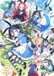 Rule 34 | !, &gt; &lt;, 6+girls, ?, ^^^, alice&#039;s adventures in wonderland, alice (alice in wonderland), animal ears, apron, aris (blue archive), black bow, black skirt, blue archive, blue dress, blue halo, bow, bowtie, cake, card, character request, chihiro (blue archive), clock, closed eyes, closed mouth, commentary request, cosplay, crown, cup, cupcake, dice, doodle sensei (blue archive), dress, floating, flying sweatdrops, food, game development department (blue archive), grass, green hat, grey hair, hair bow, halo, hare (blue archive), hat, head only, highres, holding, holding clock, holding stuffed toy, holding teapot, holding weapon, kei (robot) (blue archive), key, kotama (blue archive), logo parody, long hair, long sleeves, looking at viewer, lying, maid apron, maki (blue archive), mary janes, midori (blue archive), mirror, momoi (blue archive), multiple girls, mushroom, notice lines, on grass, one eye closed, open mouth, orange halo, pantyhose, peroro (blue archive), pink halo, potion, purple hair, purple halo, queen of hearts (alice in wonderland), rabbit, rabbit ears, railgun, red bow, red bowtie, red dress, red eyes, red hair, red halo, sensei (blue archive), shoes, skirt, spoken blush, spoken question mark, striped clothes, striped pantyhose, stuffed toy, teacup, teapot, veritas (blue archive), very long hair, weapon, white bow, white bowtie, yellow halo, yuuka (blue archive), yuzu (blue archive), zcx