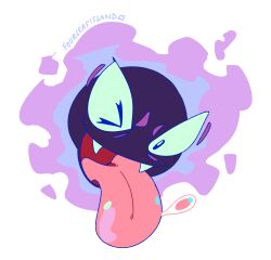 absurdres animal_focus artist_name blinking_inside_eyes clip_studio_paint_(medium) commentary english_commentary fangs floating fourleafisland full_body gastly gen_1_pokemon highres nintendo no_humans pokemon pokemon_(creature) simple_background solo tongue tongue_out white_background