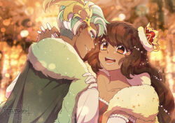 1boy 1girl :d ballroom blurry blurry_background breasts brown_hair cleavage cocoa_cookie cocoa_cookie_(enchanted_waltz) collarbone colored_eyelashes commentary cookie_run cookie_run:_kingdom couple crown dark-skinned_female dark-skinned_male dark_skin dress elbow_gloves english_commentary eye_contact face-to-face film_grain from_behind fur-trimmed_headwear fur_trim gem gloves green_eyes green_hair grin hand_on_another&#039;s_shoulder hands_up happy hat_tip hetero highres holding_hands humanization indoors interlocked_fingers light_particles looking_at_another mini_crown mint_choco_cookie mint_choco_cookie_(charming_virtuoso) miomawla multicolored_hair official_alternate_costume official_alternate_hairstyle open_mouth orange_eyes pearl_(gemstone) portrait profile red_dress shirt smile streaked_hair striped_clothes striped_dress swept_bangs tongue two-tone_hair vertical-striped_clothes vertical-striped_dress white_gloves white_hair white_shirt