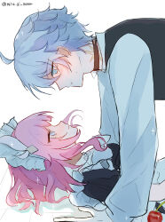 Rule 34 | 1boy, 1girl, absurdres, ahoge, black dress, black vest, boy on top, commentary request, couple, cyrene (honkai: star rail), dress, gold tattoo, hetero, highres, honkai: star rail, honkai (series), looking at another, maid, maid headdress, mina gi meron, neck tattoo, phainon (honkai: star rail), pink hair, shirt, short hair, simple background, tattoo, twitter username, vest, white background, white hair, white shirt