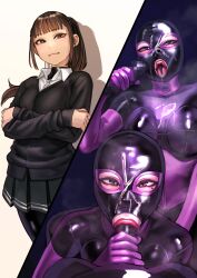 Rule 34 | 1boy, 1girl, absurdres, blonde hair, blush, bodysuit, breasts, brown eyes, brown hair, cum, cum on body, cum on clothes, elbow gloves, facial, fellatio, gimp mask, gloves, hetero, highres, kilye kairi, latex, latex bodysuit, long hair, looking at viewer, mask, medium breasts, mole, mole under eye, multiple views, oral, original, purple gloves, skin tight