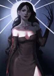 1girl black_hair breasts chest_tattoo claws cleavage commentary contrapposto cowboy_shot detached_sleeves dress english_commentary fullmetal_alchemist highres long_hair lust_(fma) medium_breasts red_eyes side_slit smile solo strapless strapless_dress sunriseart3 tattoo tube_dress very_long_hair wavy_hair