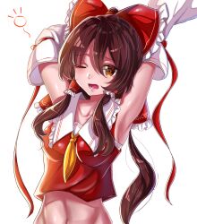1girl bow brown_hair commentary_request hair_bow hakurei_reimu highres long_hair lower_teeth_only minchia_(wncm5544) neckerchief nontraditional_miko nose one_eye_closed open_mouth partial_commentary red_bow red_shirt shirt simple_background solo teeth touhou white_background white_sleeves yellow_eyes yellow_neckerchief