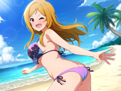 Rule 34 | 1girl, ;d, absurdres, ass, beach, bikini, blue bikini, blue sky, blush, breasts, brown hair, butt crack, cloud, commentary request, day, earrings, gradient bikini, highres, idolmaster, idolmaster million live!, idolmaster million live! theater days, jewelry, lens, long hair, looking at viewer, medium breasts, mei ichi, momose rio, ocean, one eye closed, open mouth, outdoors, palm tree, purple bikini, side-tie bikini bottom, sidelocks, sky, smile, solo, standing, swimsuit, tree, twisted torso, underboob