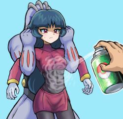 1girl 2boys black_bodysuit black_hair blue_background bodysuit bottle breasts closed_mouth commentary_request covered_navel cropped_jacket gen_1_pokemon gloves highres jacket long_hair long_sleeves machoke medium_breasts multiple_boys nintendo pantyhose pink_eyes pokemon pokemon_(creature) pokemon_frlg repel restrained sabrina_(pokemon) side_slit simple_background skirt split_mouth spray_bottle spraying sweatdrop takamame