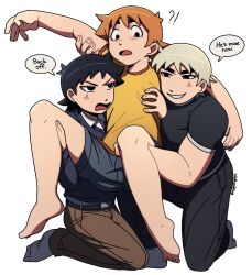 !? 3boys annoyed black_eyes black_hair blonde_hair blush boy_sandwich carrying carrying_person commentary english_commentary english_text highres jealous kneeling male_focus male_underwear multiple_boys open_mouth orange_hair pants sandwiched scott_pilgrim scott_pilgrim_(series) scott_pilgrim_takes_off shirt short_hair simple_background speech_bubble todd_ingram underwear wallace_wells warambling white_background yaoi