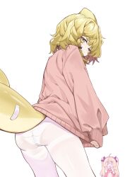 2girls ass blonde_hair c_chan_(vtuber) commentary_request fins fish_tail from_behind from_below hair_ornament hairclip heterochromia highres hpapo indie_virtual_youtuber kaofish light_blush long_sleeves looking_at_viewer looking_back loose_clothes multiple_girls panties panties_under_pantyhose pantyhose pulling_own_clothes red_eyes short_hair simple_background sweater tail underwear wavy_hair white_background white_panties white_pantyhose yellow_eyes