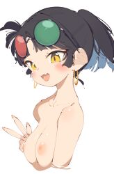 1girl an-an_lee black_hair blush breasts cropped_torso earrings eyewear_on_head fang highres hoop_earrings jewelry looking_at_viewer medium_breasts multicolored_hair nipples nude open_mouth ponytail rasusurasu reverse:1999 simple_background skin_fang solo sunglasses upper_body w white_background yellow_eyes