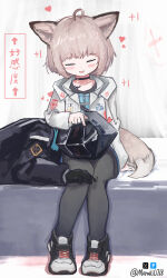 1girl 1other ahoge animal_ears arknights arrow_(symbol) black_choker black_pantyhose blush blush_stickers brown_hair brown_tail chinese_commentary choker closed_eyes commentary cross doctor_(arknights) greek_cross grey_tail hand_on_another&#039;s_head headpat heart highres hood hood_up jacket knees_together_feet_apart lap_pillow long_sleeves material_growth moraki0718_(aoxiaoku) open_mouth oripathy_lesion_(arknights) pantyhose pixiv_logo red_cross short_hair sitting smile sussurro_(arknights) tail translation_request twitter_username twitter_x_logo watermark white_jacket