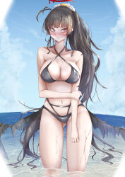 1girl absurdres bikini black_bikini black_hair black_wings blue_archive breasts closed_mouth day flower gluteal_fold hair_flower hair_ornament highres large_breasts long_hair low_wings marueight08 navel official_alternate_costume official_alternate_hairstyle outdoors ponytail red_eyes sky solo swimsuit tsurugi_(blue_archive) tsurugi_(swimsuit)_(blue_archive) very_long_hair wading wet white_flower wings yellow_flower