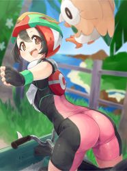 1girl alternate_color ass bent_over bike_jersey bike_shorts bird black_hair blush bodysuit breasts brown_eyes fingerless_gloves from_behind gen_1_pokemon gen_7_pokemon gloves helmet looking_at_viewer naka_akira nintendo open_mouth owl pokemon pokemon_(creature) pokemon_sm rowlet selene_(pokemon) shiny_clothes short_hair sideboob skin_tight smile tauros