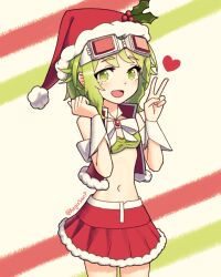 1girl aegissanp blush bow breasts brooch christmas commentary cowboy_shot english_commentary fur-trimmed_skirt fur-trimmed_vest fur_trim goggles goggles_on_head green_eyes green_hair gumi hat hat_ornament heart highres holly holly_hat_ornament jewelry looking_at_viewer midriff navel open_mouth santa_costume santa_hat short_hair skirt small_breasts smile solo strapless tube_top v vest vocaloid wrist_cuffs