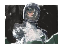 1boy aeug aqua_hair blue_eyes blue_hair broken_glass broken_helmet glass guideoflothric1 gundam helmet highres kamille_bidan looking_at_viewer male_focus mecha_pilot_suit normal_suit_(gundam) outstretched_hand reaching reaching_towards_viewer science_fiction short_hair solo space space_helmet spacesuit spoilers zeta_gundam