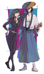 1boy 1girl absurdres arm_on_another&#039;s_shoulder belt black_bodysuit black_eyes black_hair blue_hakama bodysuit border brown_hair collarbone full_body grey_belt gun hakama halorane hand_on_hilt highres ishikawa_goemon_xiii japanese_clothes lipstick long_hair long_sleeves lupin_iii makeup mine_fujiko o-ring parted_lips pectoral_cleavage pectorals sandals sketch socks standing weapon white_border white_socks wide_sleeves