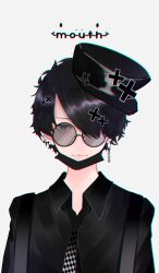 Rule 34 | 1boy, black hair, black hat, black necktie, black shirt, black theme, chain, chain earrings, checkered necktie, closed mouth, collared shirt, glasses, grey background, hair over one eye, hat, highres, kepi, long bangs, looking at viewer, male focus, mano aaa, mask, military hat, mouth mask, necktie, one eye covered, original, paperclip earrings, shirt, short hair, solo, suspenders, swept bangs, tinted eyewear, upper body