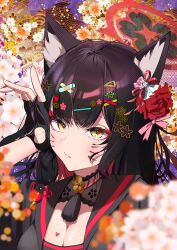 1girl absurdres animal_ear_fluff animal_ears black_gloves black_hair black_sailor_collar black_shirt blue_archive breasts cleavage closed_mouth colored_inner_hair drawn_whiskers fingerless_gloves flower fox_ears fox_girl gloves hair_flower hair_ornament hair_tie hairclip highres looking_at_viewer multicolored_hair orange_flower red_flower red_hair riki_ssrb sailor_collar shirt solo two-tone_hair wakamo_(blue_archive) white_flower yellow_eyes