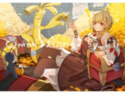 Rule 34 | blonde hair, brown dress, citrinne (fire emblem), commission, dress, earrings, fire emblem, fire emblem engage, gholdengo, gimmighoul, gimmighoul (chest), gimmighoul (roaming), gold, gold choker, gold trim, hair ornament, highres, hoop earrings, jewelry, leather wrist straps, manymanylilies, nintendo, pokemon, pokemon (creature), red eyes, treasure chest, wing hair ornament