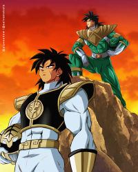 2boys absurdres arm_guards armor belt black_hair bodysuit boots broly_(dragon_ball_super) broly_(dragon_ball_z) cosplay crossover dark-skinned_male dark_skin dino_buckler dragon_ball dragon_ball_super dragon_ranger dragonball_z facial_scar gloves gold_armor gold_trim green_bodysuit green_ranger_(cosplay) helmet highres holding holding_helmet jason_david_frank kiba_ranger kiba_ranger_(cosplay) long_hair mighty_morphin_green_ranger mighty_morphin_power_rangers mighty_morphin_white_ranger multiple_boys muscular power_rangers salvamakoto scar scar_on_cheek scar_on_face shoulder_armor spiked_hair tokusatsu unworn_headwear unworn_helmet white_bodysuit
