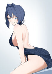 1girl absurdres backless_dress backless_outfit bare_arms bare_back blue_dress blue_eyes blue_hair breasts commentary double-parted_bangs dress english_commentary fanged_bangs floral_print_dress from_side grin hair_between_eyes hair_intakes halterneck hazeillusts highres hololive hololive_english large_breasts looking_at_viewer median_furrow ouro_kronii short_hair shoulder_blades side_slit sideboob simple_background sitting sleeveless sleeveless_dress smile solo virtual_youtuber white_background