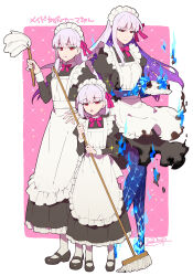 3girls alternate_costume apron artist_name black_dress black_shoes blue_fire blue_skin blush body_markings border bow bowtie breasts broom burnt_clothes colored_inner_hair colored_skin commentary dress duster enmaided eyes_visible_through_hair fate/grand_order fate_(series) fire full_body gradient_skin grey_hair hair_between_eyes hair_ribbon highres holding holding_broom juliet_sleeves kama_(fate) kama_(first_ascension)_(fate) kama_(second_ascension)_(fate) kama_(third_ascension)_(fate) long_hair long_sleeves looking_at_viewer maid maid_day maid_headdress medium_breasts multicolored_hair multiple_girls multiple_persona pantyhose parted_lips pink_background puffy_sleeves purple_hair red_eyes redrop ribbon shoes short_hair small_breasts sparkle standing two-tone_hair white_apron white_border white_pantyhose