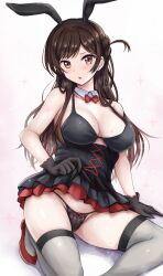 1girl animal_ears black_dress black_gloves blush bow bowtie breasts brown_eyes brown_hair brown_panties cleavage dress frilled_dress frills gloves grey_thighhighs half_updo highres kanojo_okarishimasu large_breasts long_hair looking_at_viewer mizuhara_chizuru panties parted_lips r-binon rabbit_ears red_bow red_bowtie red_footwear simple_background solo sweat thighhighs underwear wrist_cuffs
