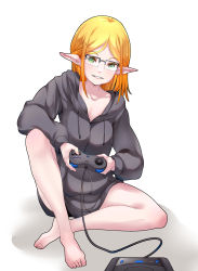 Rule 34 | 1girl, blonde hair, commentary, controller, elf, game console, game controller, glasses, green eyes, highres, hood, hoodie, isekai ojisan, naked hoodie, playing games, pointy ears, rectangular eyewear, sega saturn, shibazaki yousuke, sitting, smile, solo, sui (isekai ojisan), tomoe takenari