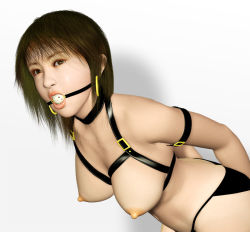 1girl 3d ball_gag bdsm black_panties bondage bound breasts earrings female_focus gag gagged jewelry large_breasts leather metadoll nipples panties solo underwear underwear_only