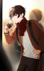 Rule 34 | 1boy, absurdres, brown coat, brown eyes, brown hair, brown pants, coat, commentary request, cowboy shot, cup, day, disposable coffee cup, disposable cup, etri (0o0oo), expressionless, hair between eyes, hand on own hip, highres, holding, holding cup, long bangs, long sleeves, male focus, open clothes, open coat, original, outdoors, pants, parted lips, red scarf, ribbed sweater, scarf, short hair, standing, sweater, white sweater