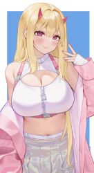 1girl absurdres bare_shoulders blonde_hair blue_background blue_eyes breasts center-flap_bangs chest_harness cleavage cleavage_cutout clothing_cutout coat commentary crop_top english_commentary gradient_eyes grey_skirt hair_between_eyes hand_up harness highres large_breasts light_blush long_hair looking_at_viewer multicolored_eyes navel off_shoulder open_clothes open_coat original pink_coat pink_eyes pink_nails pleated_skirt sidelocks simple_background skirt smile solo syahrul4567 two-tone_background two-tone_eyes very_long_hair white_background zipper