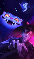 Rule 34 | 1boy, absurdres, bird, black hair, black hanbok, black hat, body markings, closed mouth, cloud, commentary request, derpy (kpop demon hunters), email2140, extra eyes, facial mark, fangs, fingernails, flying, gat (hat), glowing, glowing eyes, hanbok, hat, highres, jinu (kpop demon hunters), korean clothes, korean commentary, kpop demon hunters, long sleeves, male focus, parted bangs, parted hair, reaching, reaching towards viewer, sharp fingernails, shooting star, short hair, sussie (kpop demon hunters), teeth, yellow eyes