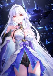 1girl bare_shoulders black_pantyhose breasts broken_glass cameltoe closed_mouth commentary covered_navel cowboy_shot dress elbow_gloves english_commentary genshin_impact glass gloves grey_hair hair_between_eyes hair_intakes hair_ornament halterneck highres large_breasts long_hair looking_at_viewer pantyhose purple_gloves red_eyes royboy skirk_(genshin_impact) solo thighs very_long_hair white_dress