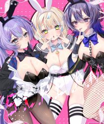 3girls absurdres animal_ear_hairband animal_ears black_bow black_bowtie black_leotard black_pantyhose blonde_hair blue_hair bow bowtie breasts chain character_request cleavage double_v fake_animal_ears fishnet_pantyhose fishnets genderswap genderswap_(mtf) green_eyes grey_eyes hairband highres hoshirube_sho large_breasts leotard long_sleeves mainai_(pochiwan1108) multicolored_hair multiple_girls nijisanji open_mouth pantyhose playboy_bunny purple_eyes purple_hair rabbit_ear_hairband rabbit_ears streaked_hair thighhighs tongue tongue_out traditional_bowtie v white_bow white_bowtie white_leotard white_thighhighs